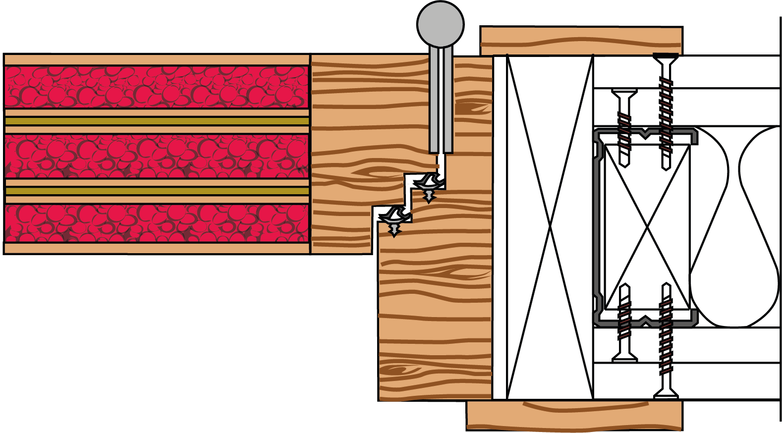 A drawing of a wooden staircase with a metal railing.