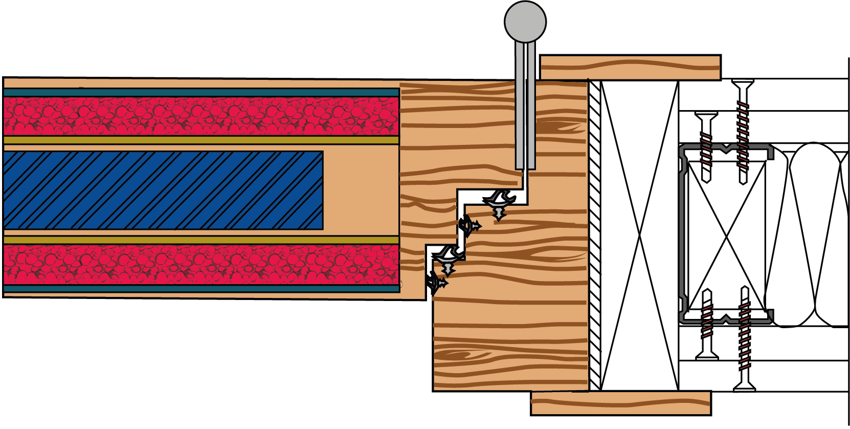 A drawing of a wooden door with a screw in it.