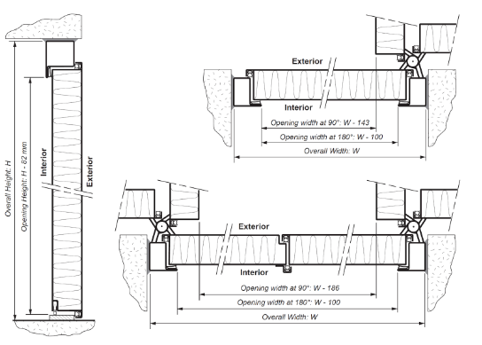 A black and white drawing of a door with measurements.