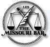 A black and white logo for the missouri bar with scales of justice and a feather.