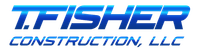 A blue and white logo for t.fisher construction llc