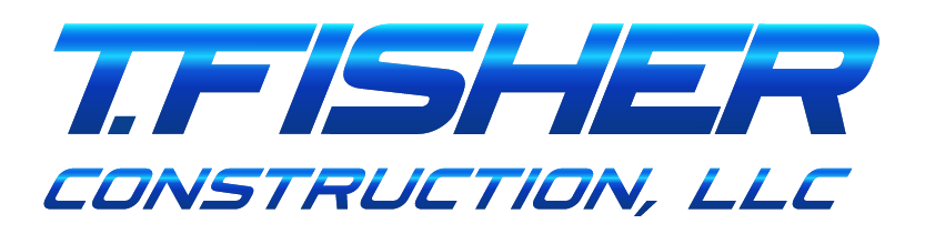 A blue and white logo for t.fisher construction llc