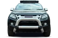 Front view of a black off-road SUV with a roof rack and heavy-duty bull bar | Motiv Auto Care