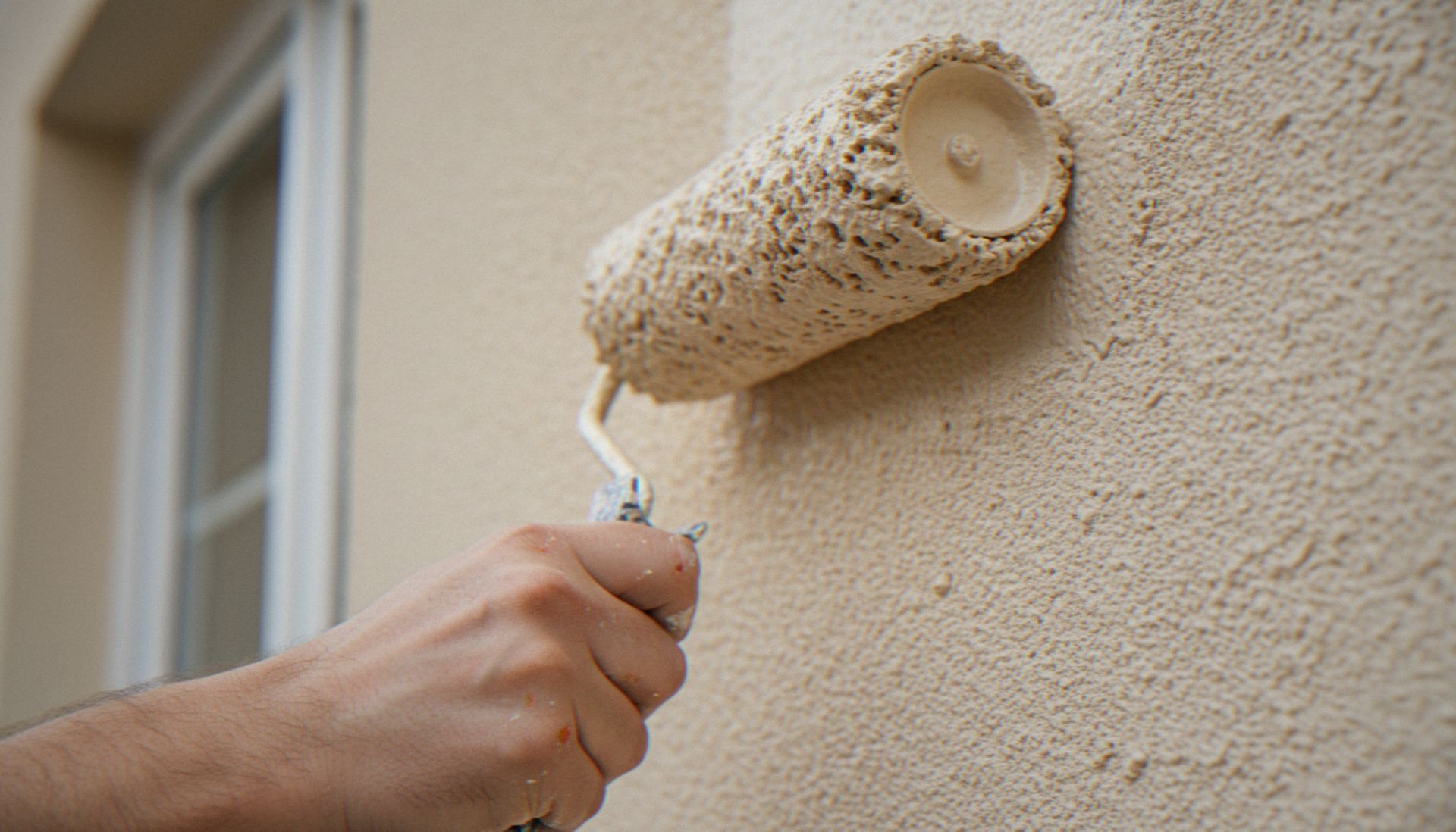 Hand using a paint roller to coat a beige exterior wall Hand using a paint roller to coat a beige exterior wall