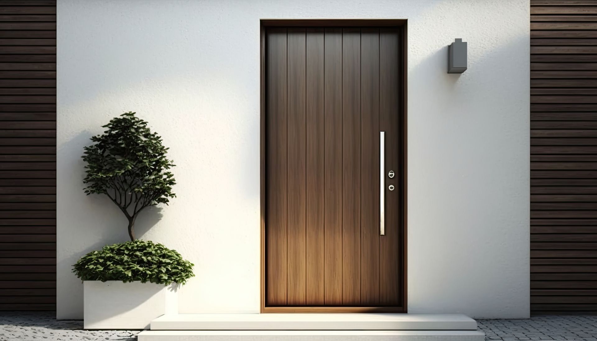 Modern wooden front door with silver handle beside a potted tree against a white wall Modern wooden front door with silver handle beside a potted tree against a white wall