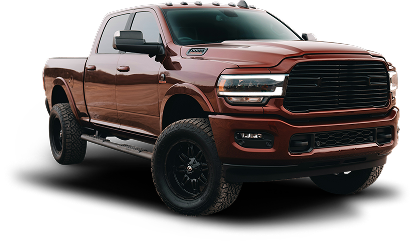 Maroon full-size pickup truck with black grille and wheels on a white background | South Texas Diesel And Automotive