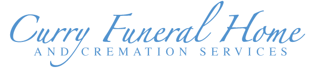 Curry Funeral Home and Cremation Services logo in light blue script on white background
