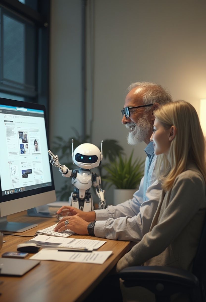 Friendly AI Robot working with people to update their website