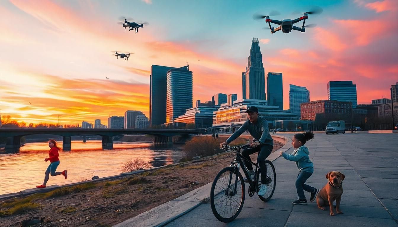 Columbus Ohio with a Sunset and some people in a local park with drones delivering a package