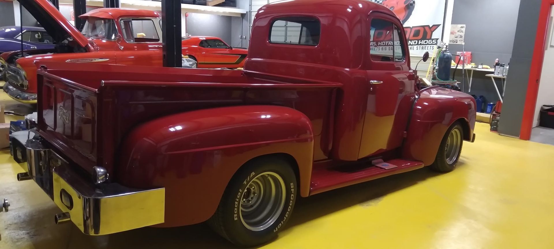 back profile of vintage red truck