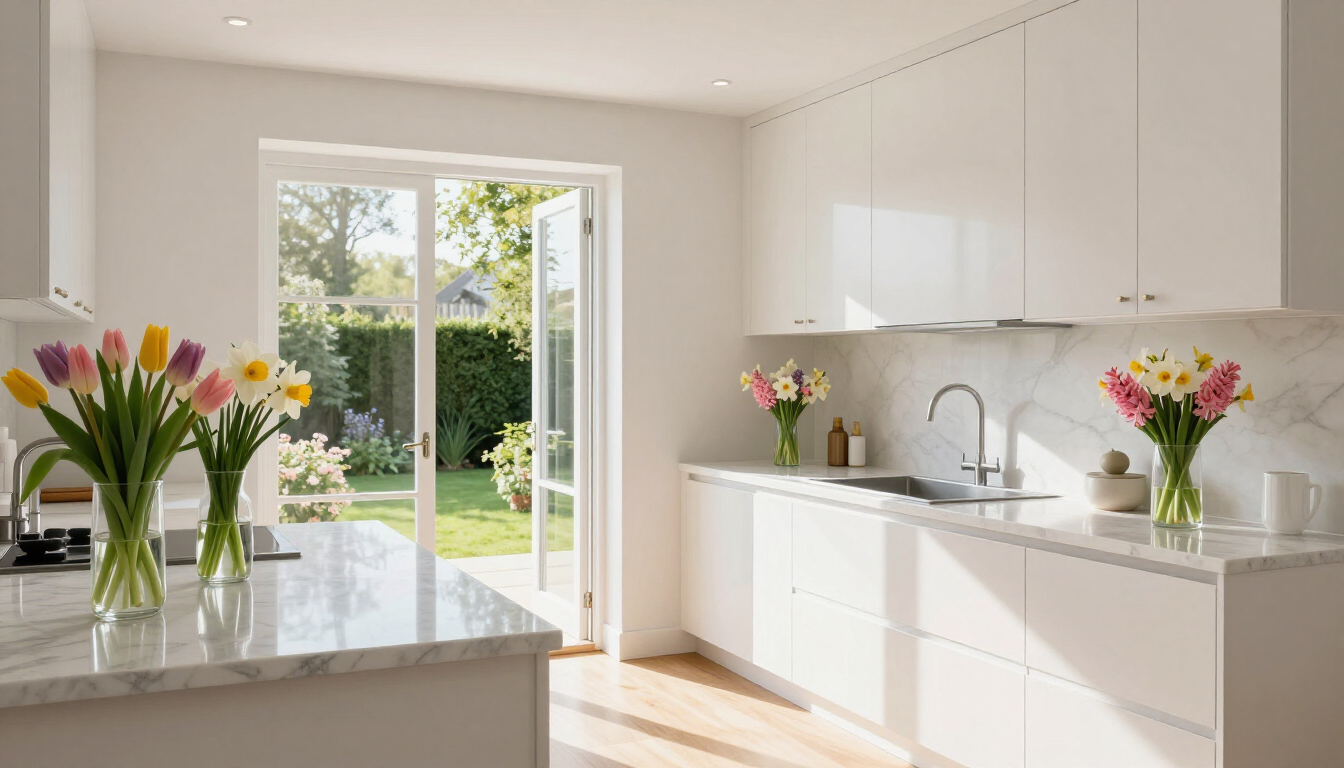 Spring kitchen renovation with white cabinets and natural light