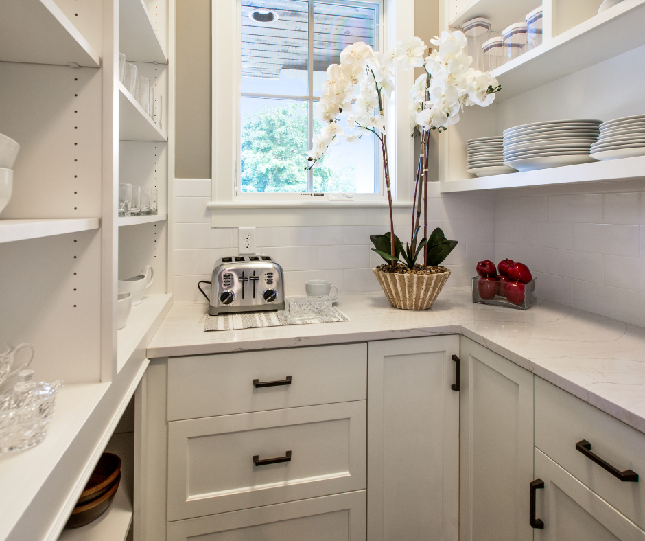 Bright white pantry with shelves, toaster, drawers, and orchid by a window