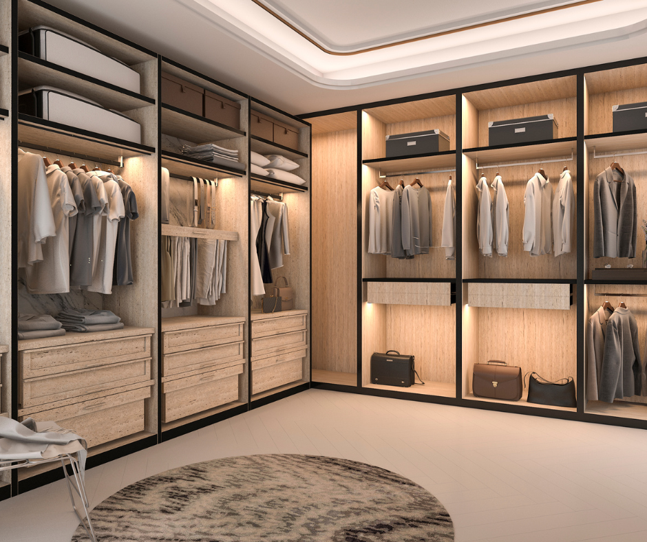 Modern walk-in closet with open shelving, hanging clothes, drawers, and warm встро-?