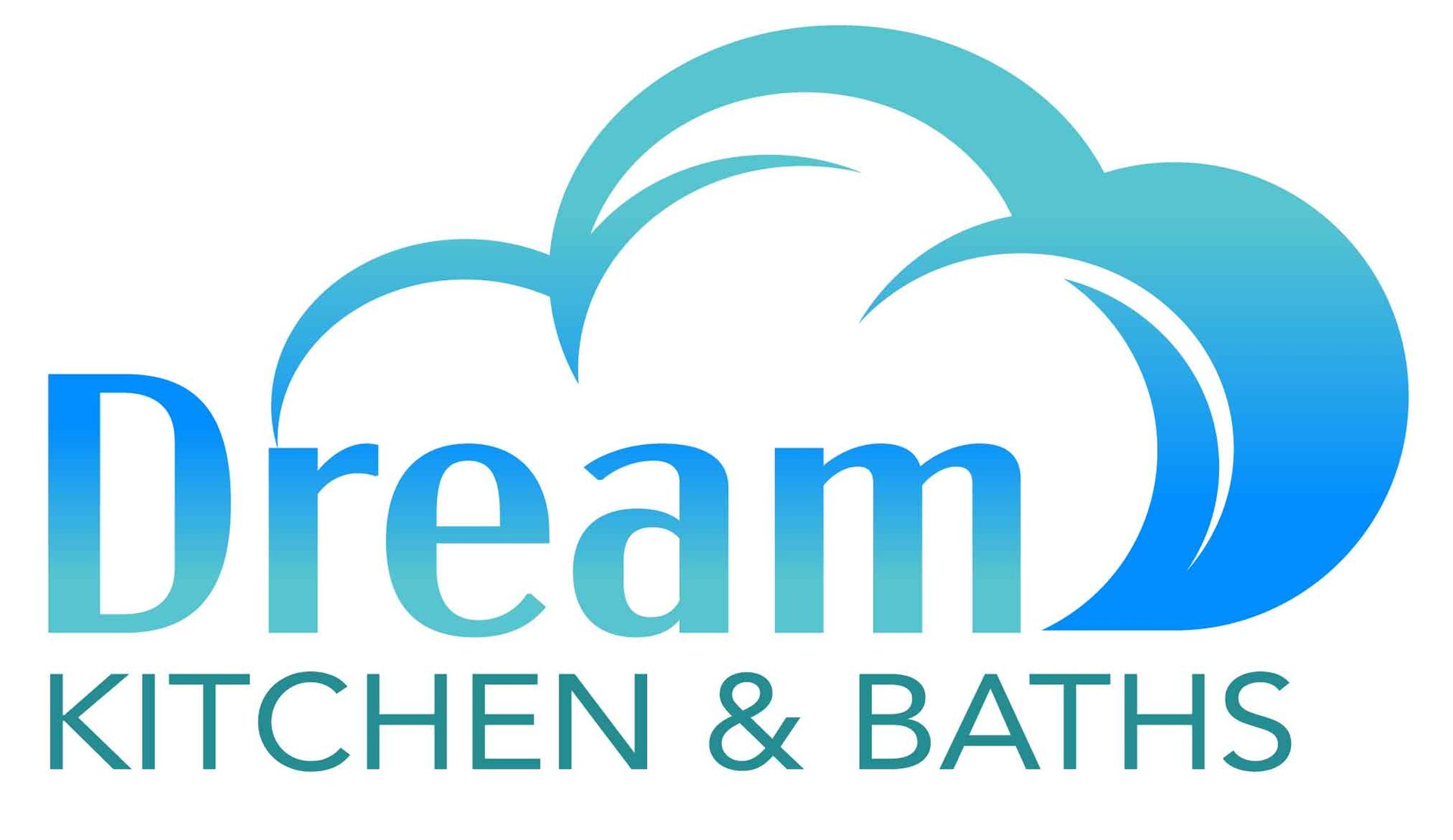 Dream Kitchen & Baths logo in blue and teal with stylized swoosh above the text