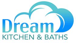 Dream Kitchen & Baths logo in blue and teal with stylized swoosh above the text