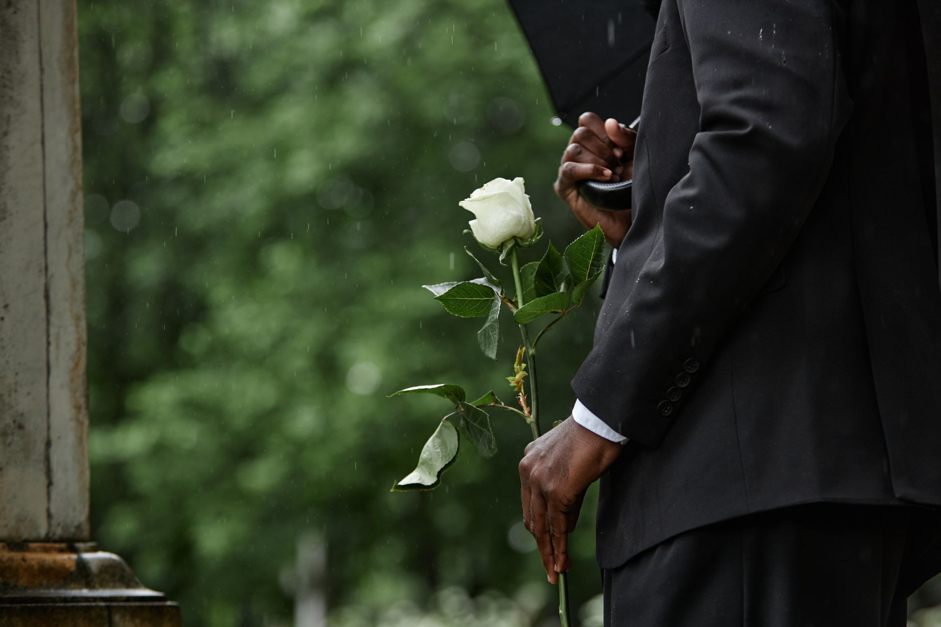 Woman in black coat and umbrella at a cemetery, holding a rose. Woman in black coat and umbrella at a cemetery, holding a rose.