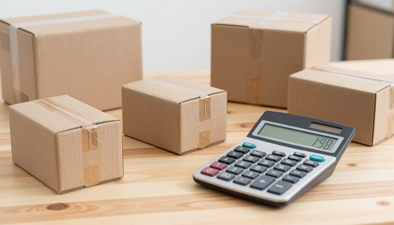 Cajas de cartón para envíos sobre una mesa de madera con una calculadora en primer plano.