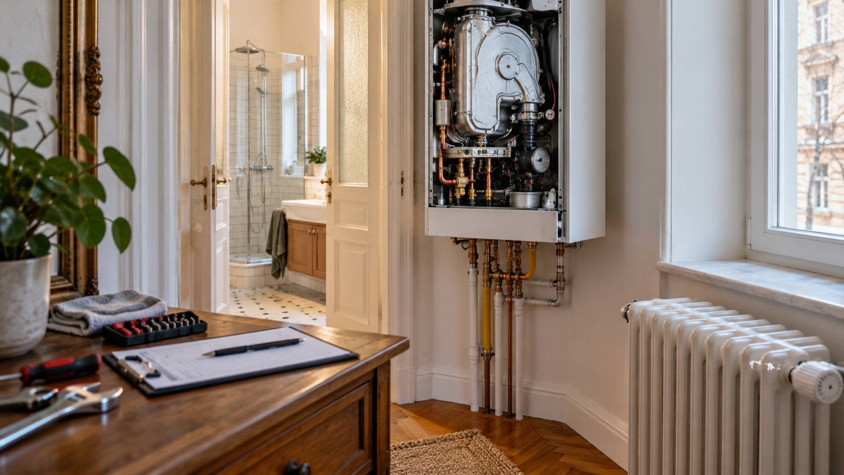 Gastherme in einer Wiener Wohnung mit Heizkörper und Werkzeug zur Überprüfung der Heizung.