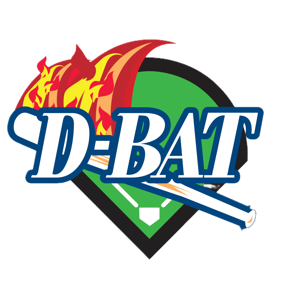 DBAT baseball logo with blue letters, red flames, and a bat over a green home plate