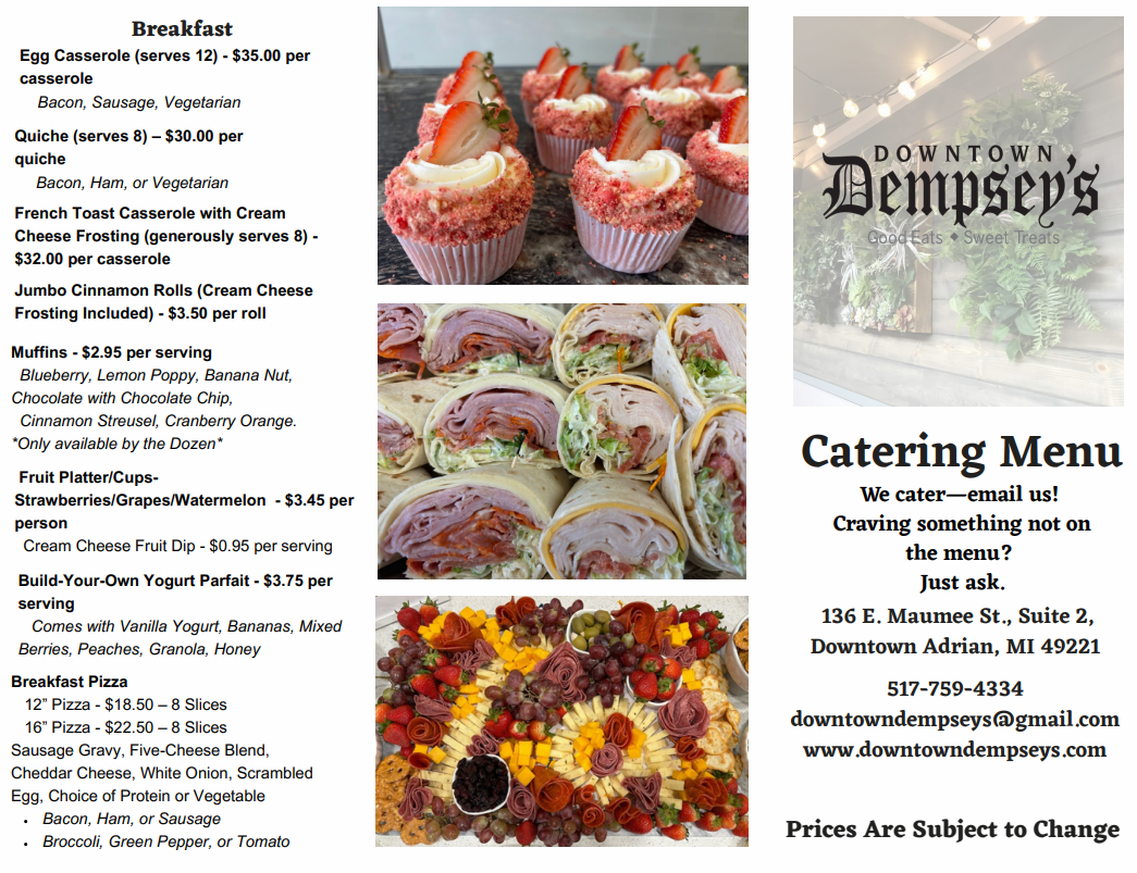 Catering Menu - Adrian, MI - Downtown Dempsey’s