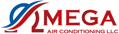 Omega Air Conditioning LLC logo with red and blue swoosh design