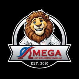 Omega Air Conditioning LLC logo with a smiling lion mascot and “EST. 2010” on black background