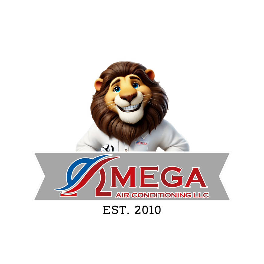 OMEGA Air Conditioning logo with a smiling lion mascot above a gray banner, EST. 2010