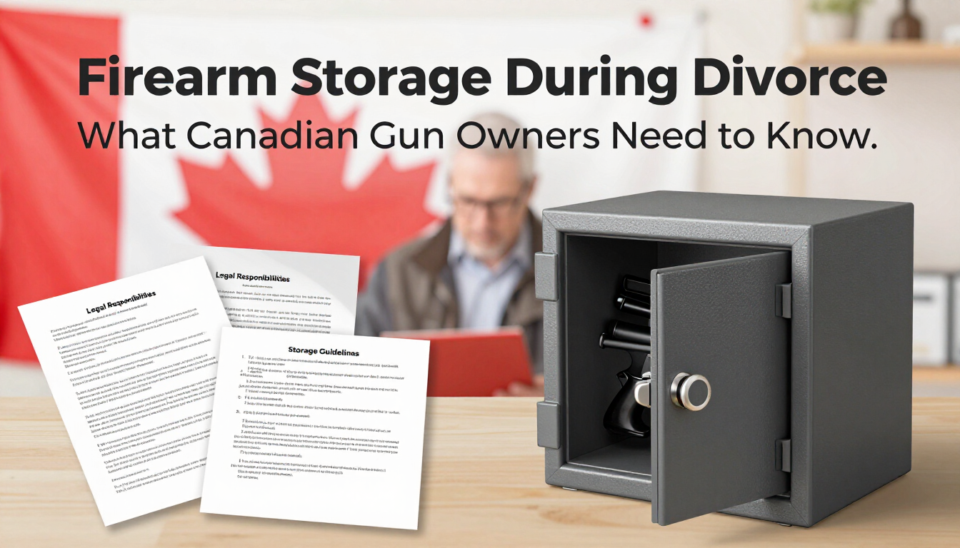 Firearm storage during divorce banner with safe, documents, and blurred person in office background