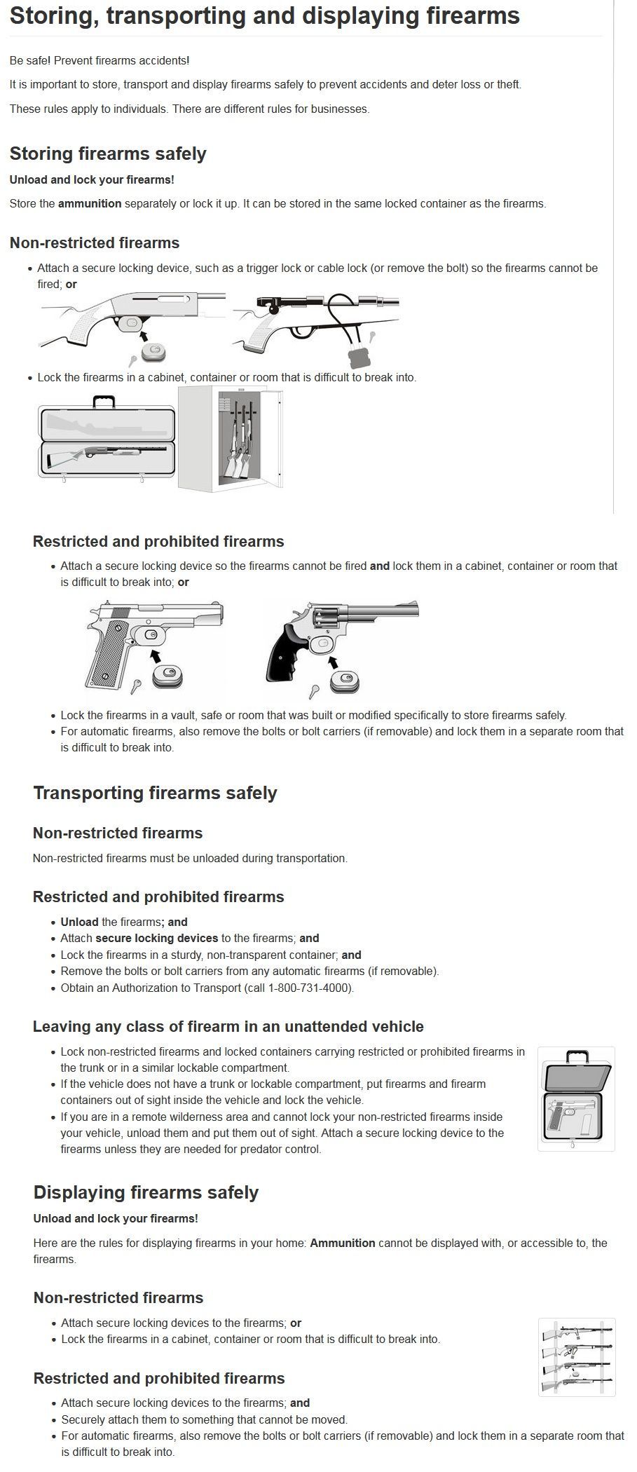 Infographic explaining how to store, transport, and display firearms safely
