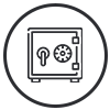 Safe icon in a black circle.