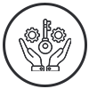 Hands holding key and gears, representing solutions and knowledge.