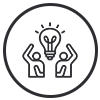 Two people with raised hands, celebrating a glowing lightbulb, inside a circle.