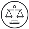 Scales of justice symbol within a circle, representing fairness and legal balance.
