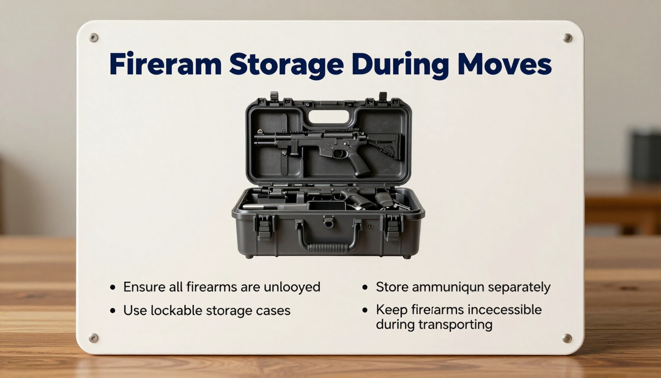 Firearm storage during moves infographic with open black hard case on a light tabletop