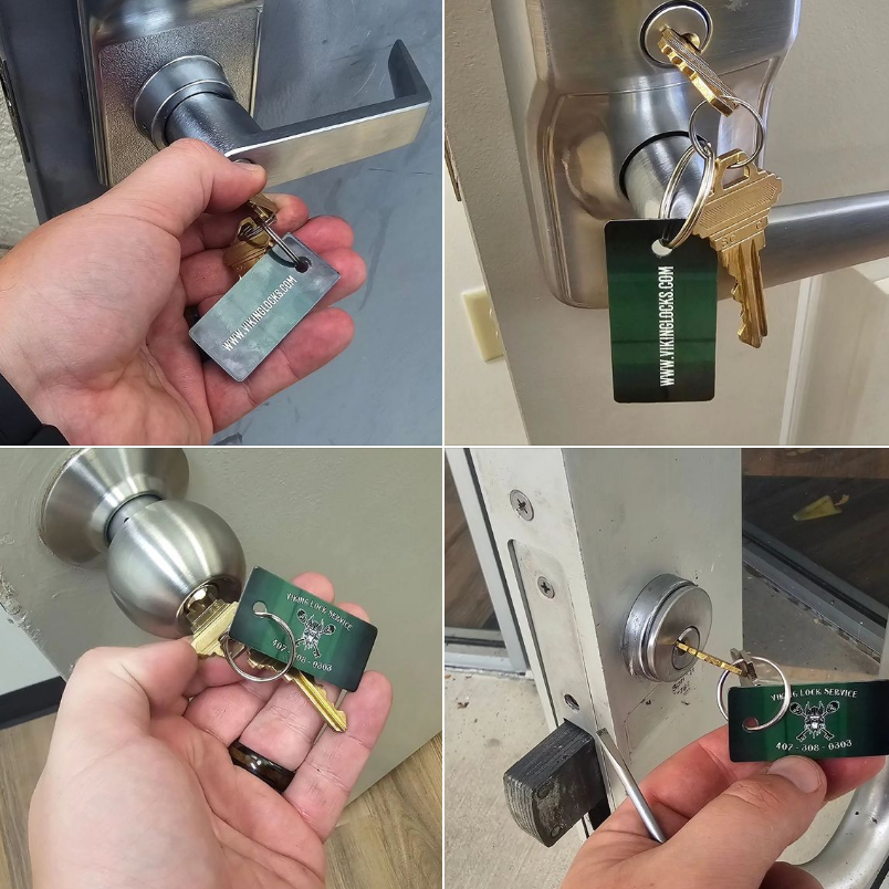 Man changing core of a door lock of the entrance glass door