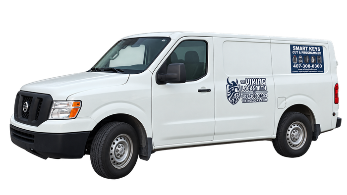 A white van with a green sign on the side is on a white background.