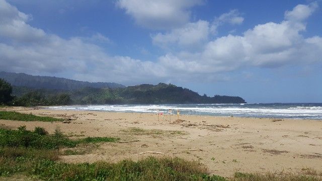 A sandy beach with mountains in the background and waves crashing on the shore.