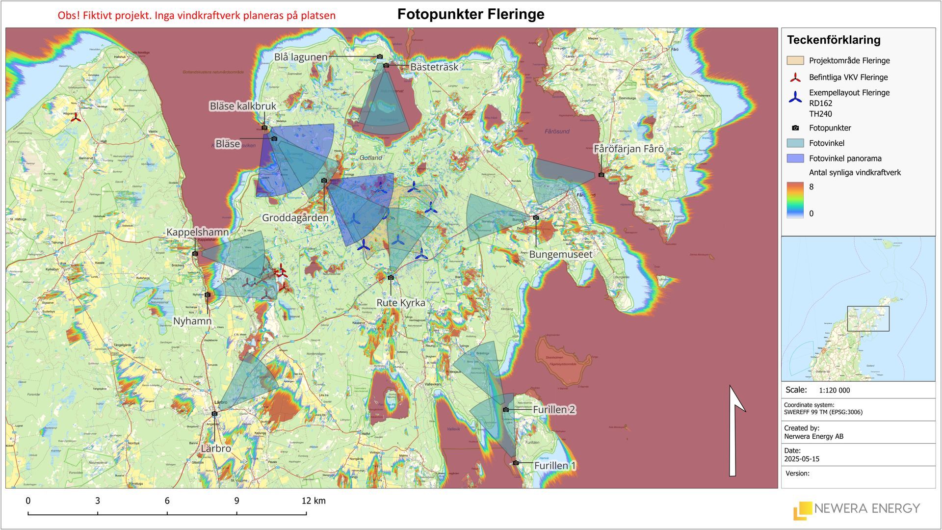 Karta som visar platsplaner för vindkraftverk i Raseborgs kommun i Finland, med turbinplaceringar och zoner.