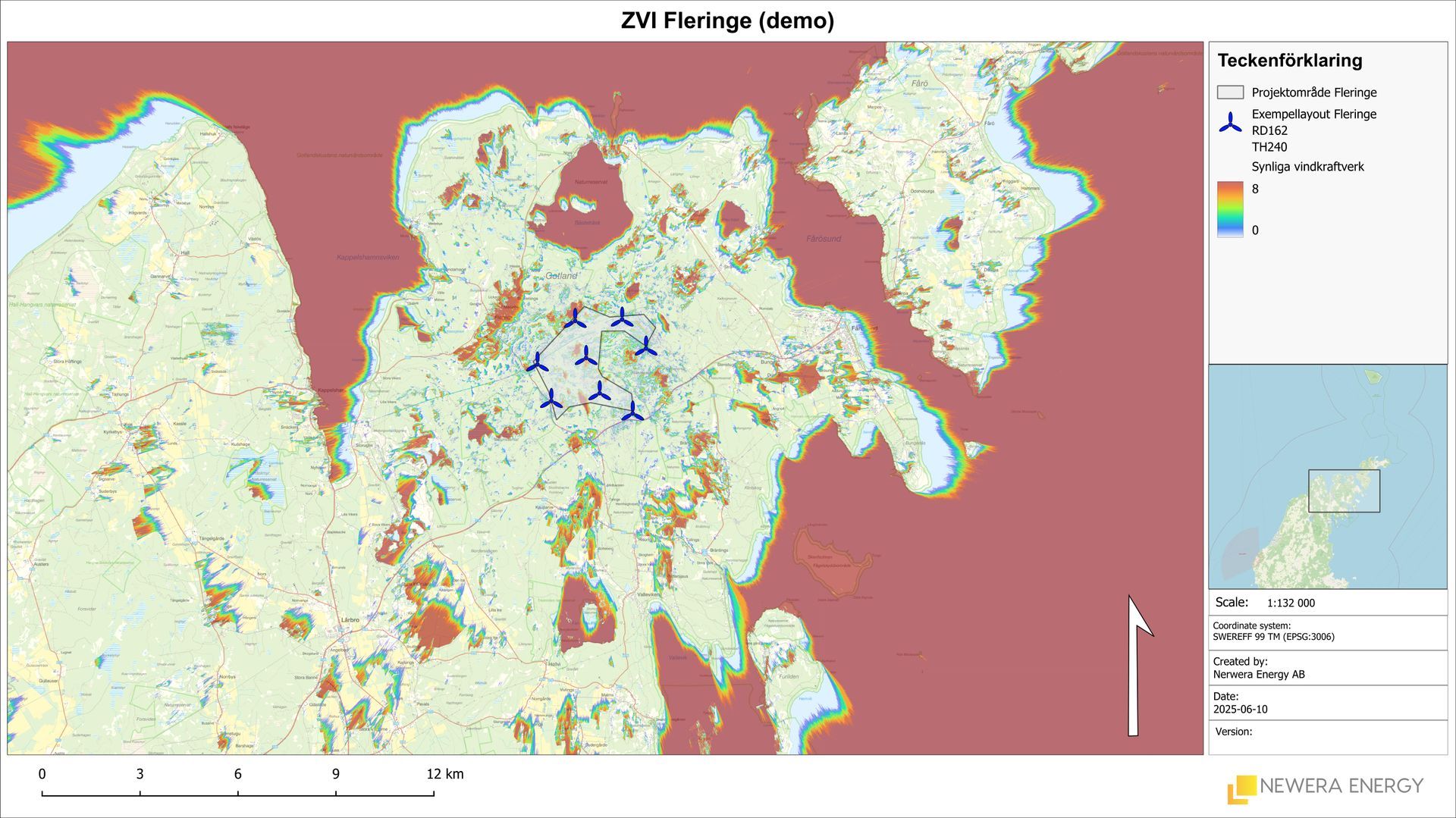 En karta som visar vindkraftverk i Danmark, med färgkodade höjddata och omgivande geografiska särdrag.