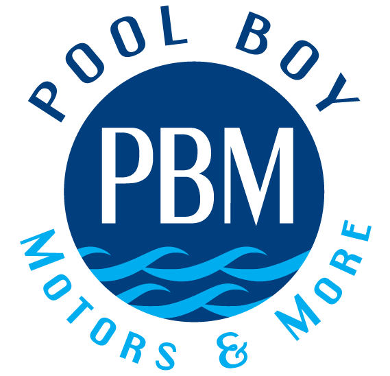 A blue logo for pool boy motors and more