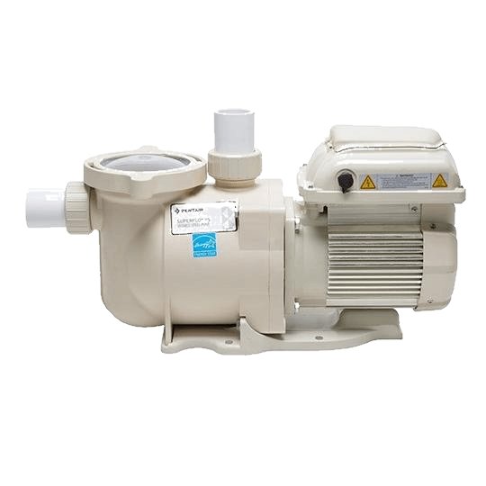 A white swimming pool pump with a motor attached to it on a white background.
