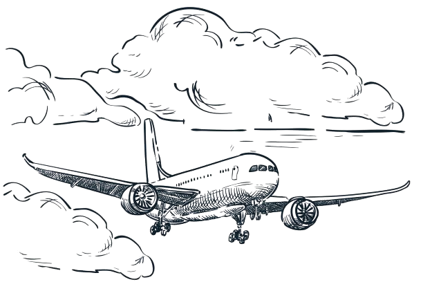A black and white drawing of an airplane flying through the clouds.