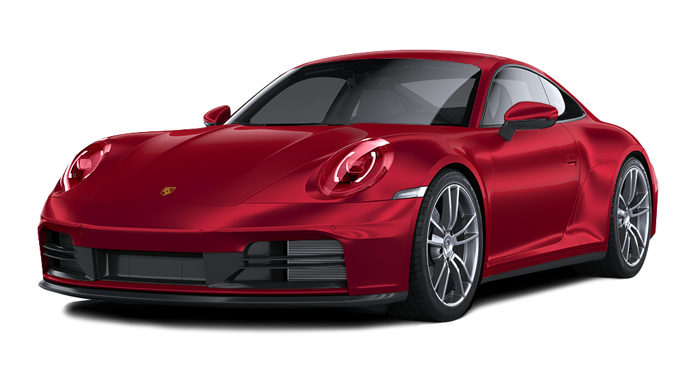 Red Porsche 911 sports car, angled front view, parked on a white background.