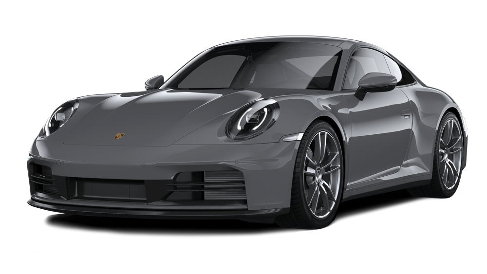 Gray Porsche 911 sports car angled front view on white background.