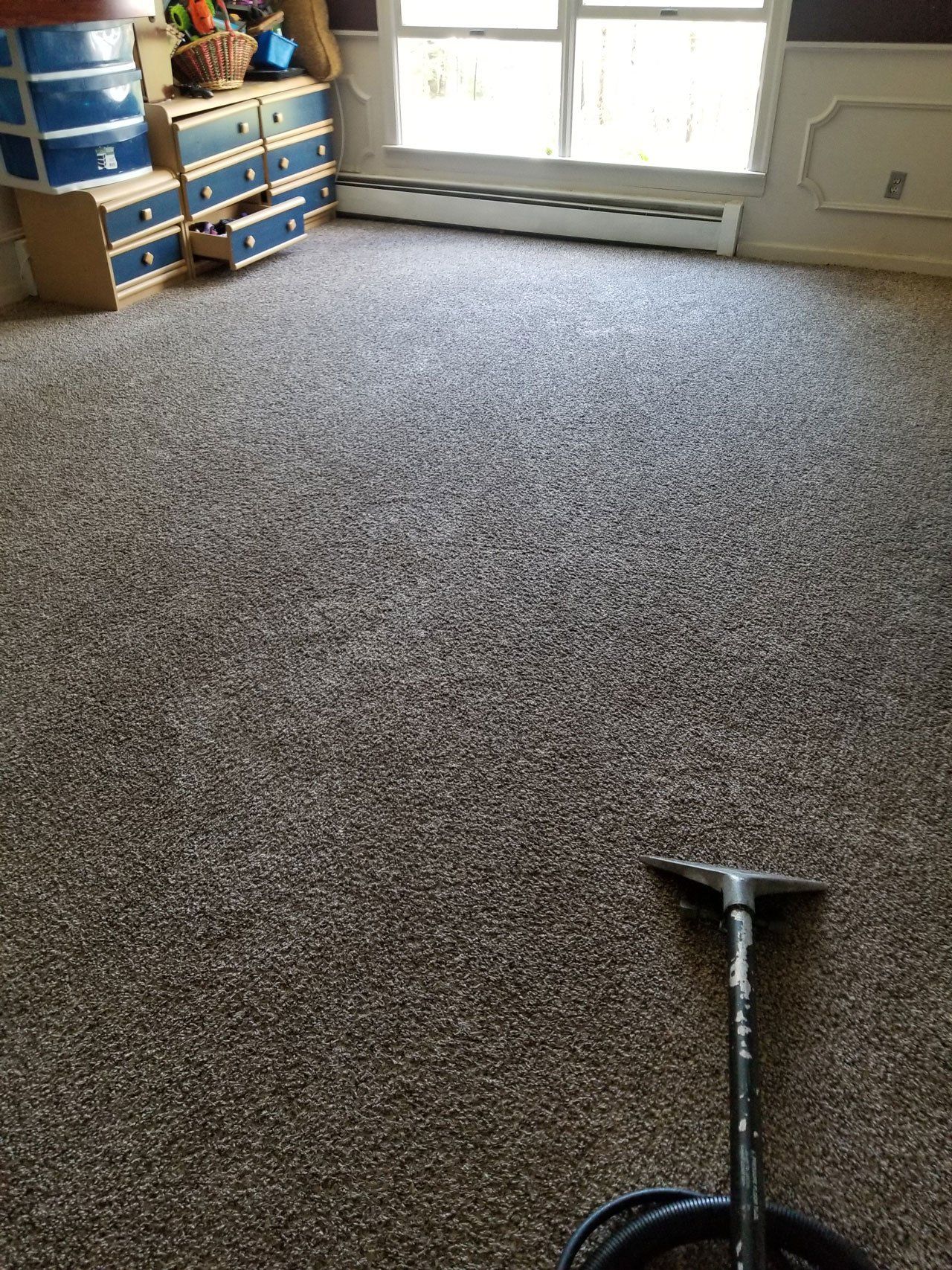 A vacuum attachment sits on a brown, speckled carpet in a room with a set of blue-and-wood drawers by a window.