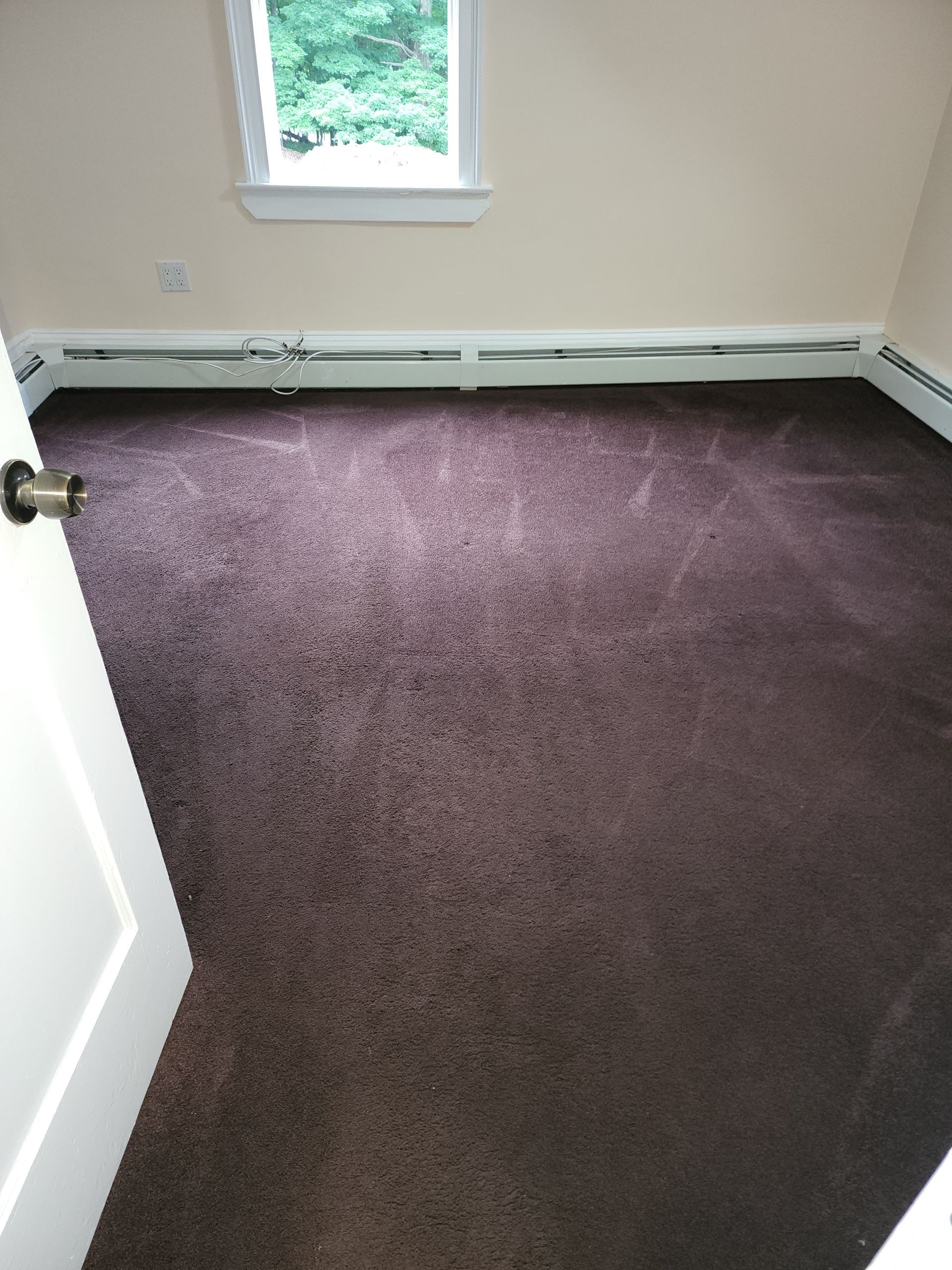 An empty room with dark brown carpeting, cream walls, a single window, and a white baseboard heating unit.