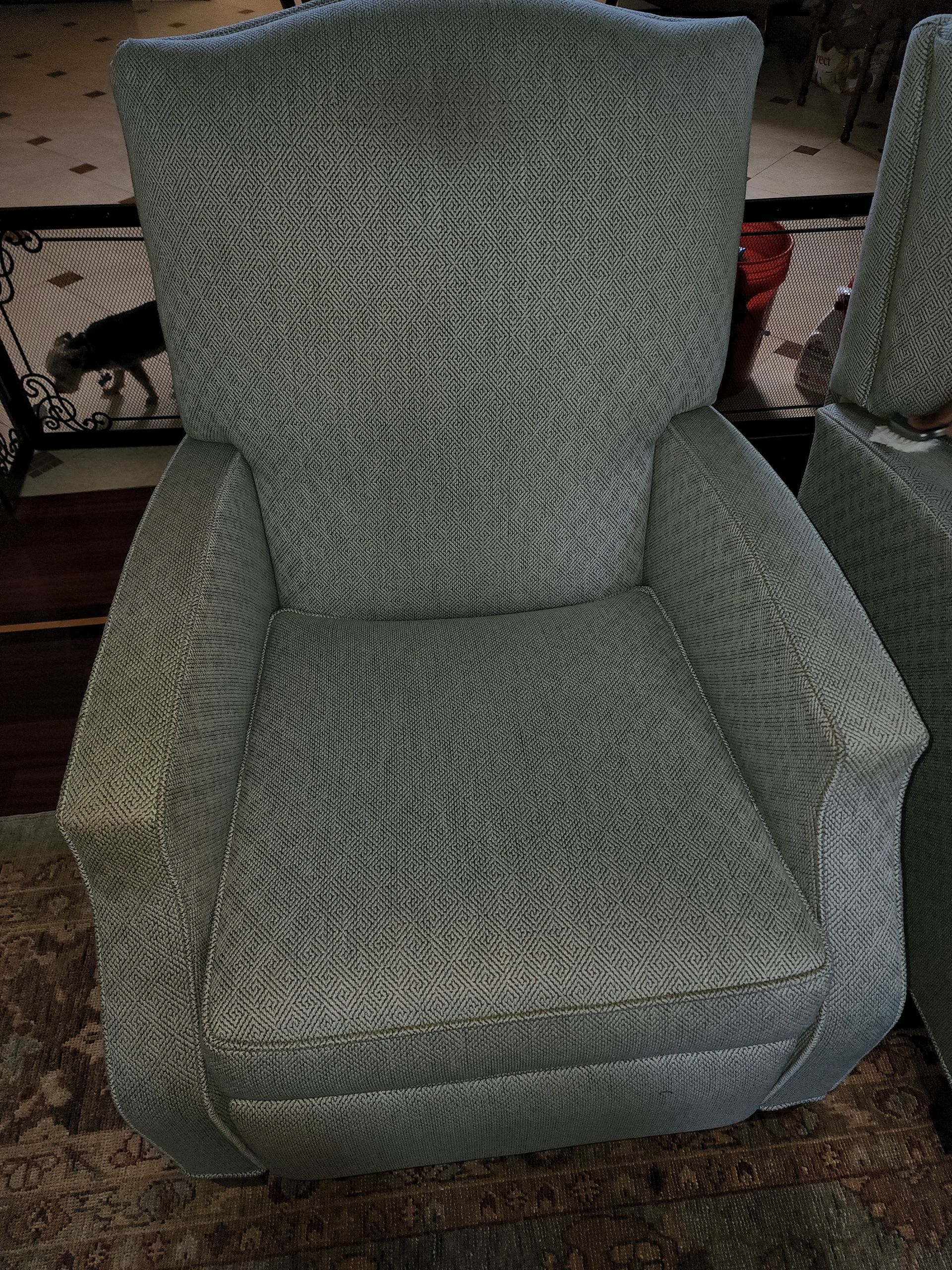 A textured, grey and white patterned armchair sits on a brown rug in a room with a decorative pet gate in the background.