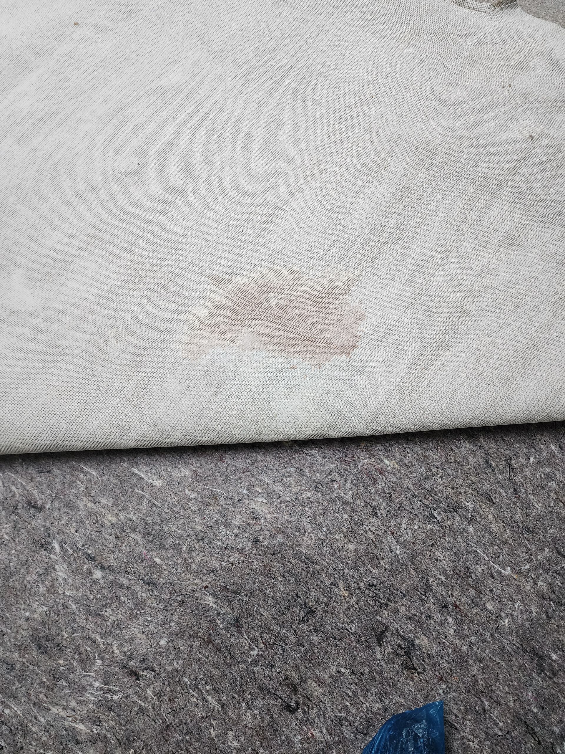 A white rug with a grey patterned texture featuring a small, reddish-brown stain on its surface.