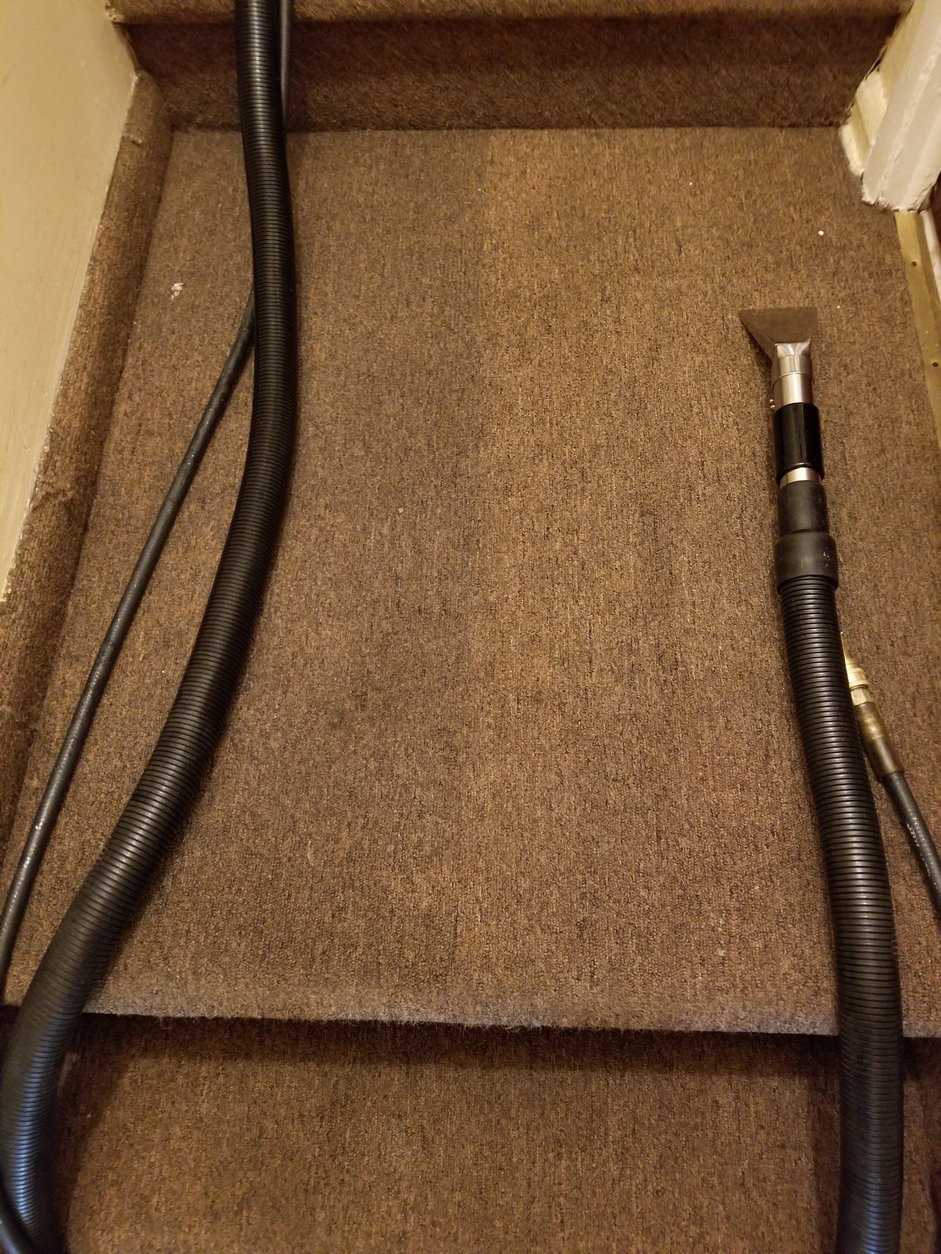 A close-up view of brown carpeted stairs during a professional cleaning, showing the cleaning tool wand and hoses.
