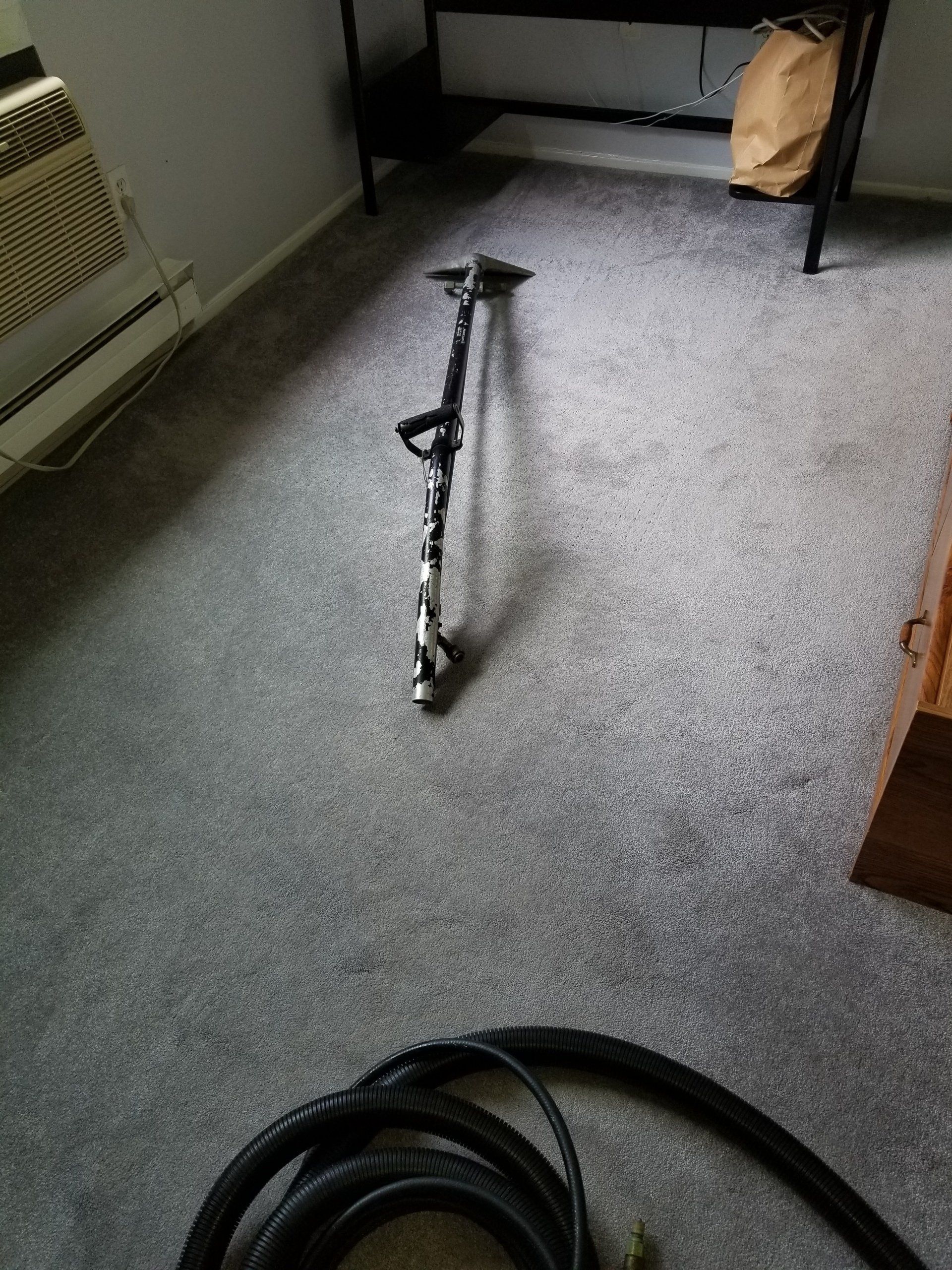 A carpet cleaning wand lying on a gray carpet in a room, with a black hose coiled in the foreground.